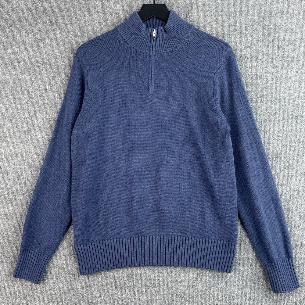 Quince Quarter Zip Pullover Mens S Navy Knit Ribbed Cotton Casual Mock Neck